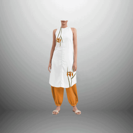 Solid White Kurti with Flower Hand Painting-RCK019